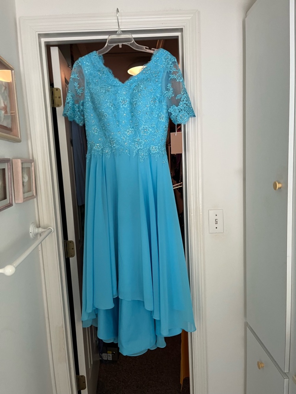 Sky Blue Lace Bodice Tea-Length Wedding Dress